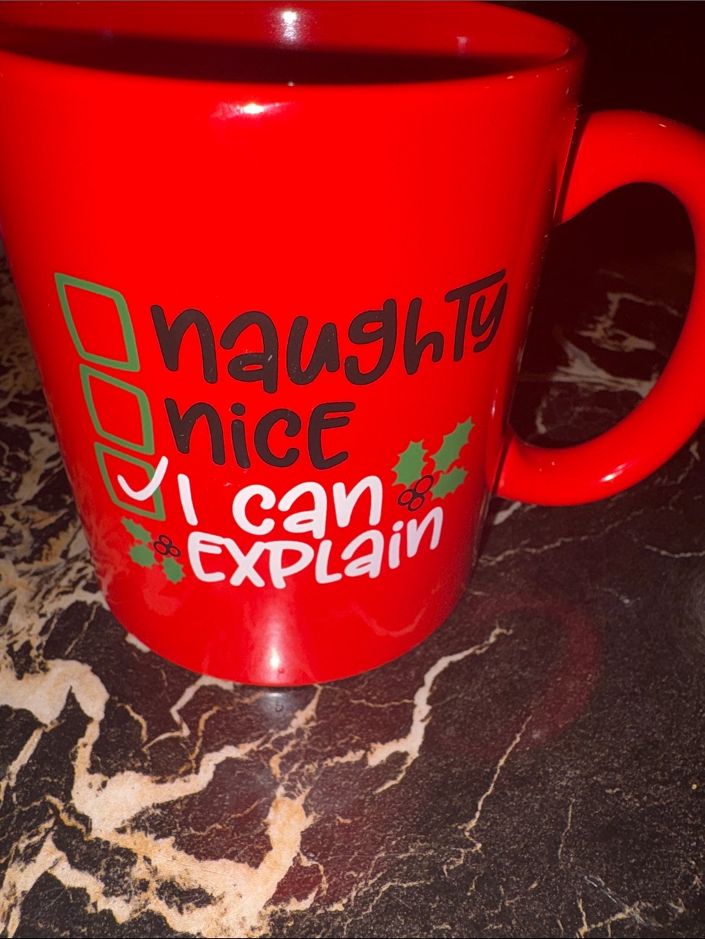Red Ceramic Holiday Mug with 'I Can Explain' Print